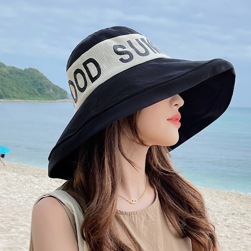 Summer New Fashion Letter Fixed Printing 6 Colors Big Brim Foldable Simple Adjustable Sun Protection Outdoor Bucket Hat 56-58Cm - Vougese