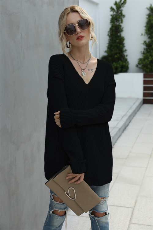 Three Colors Autumn Solid Color New Stylish Simple V Neck Loose Knitting Top - Vougese