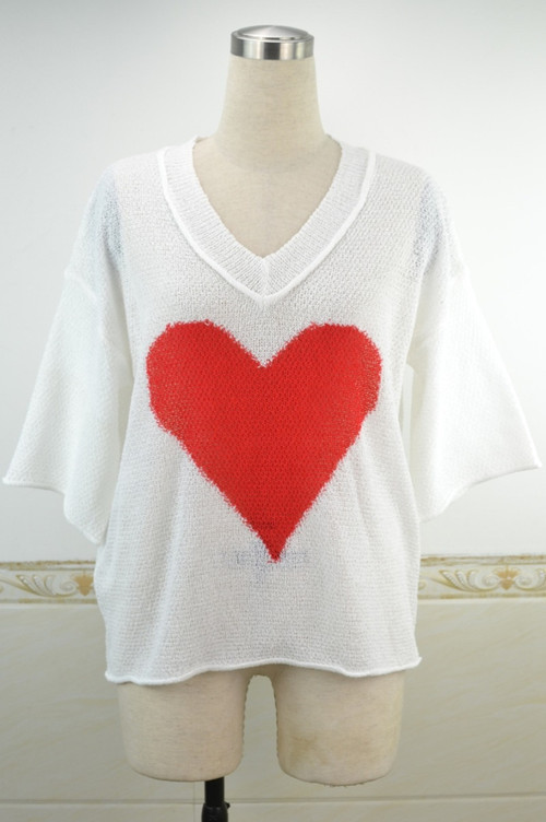 Two Colors Heart Pattern Print Stretch V-Neck Stylish Loose Knits - Vougese