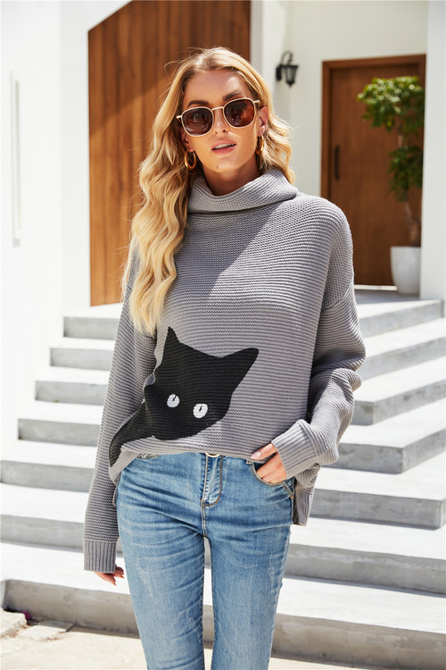 Winter New Kitten Printing Stretch Knitted High Lapel Stylish Sweater - Vougese