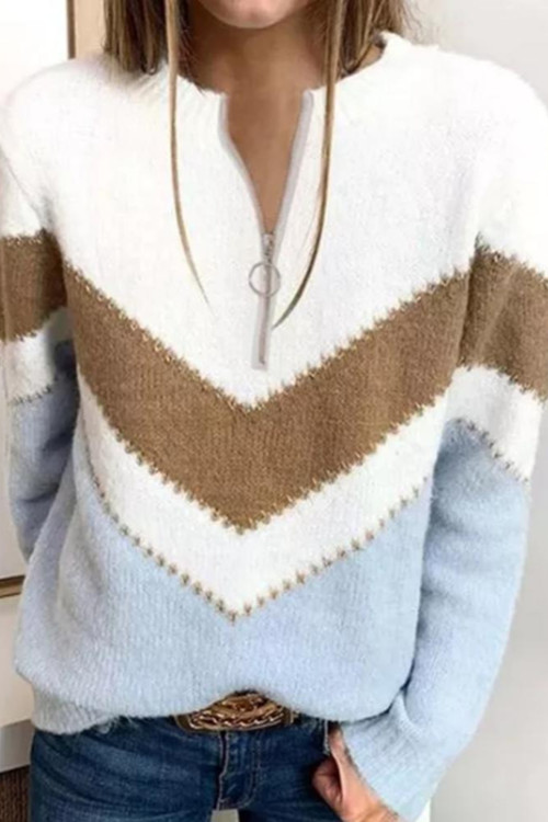 Winter New Plus Size Contrast Color Knitted Stretch Zip-Up Stylish Sweater - Vougese