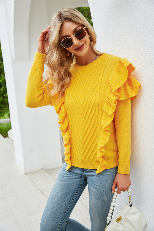 Winter New Solid Color Knitted Stretch Ruffle Stylish Trend Sweater - Vougese