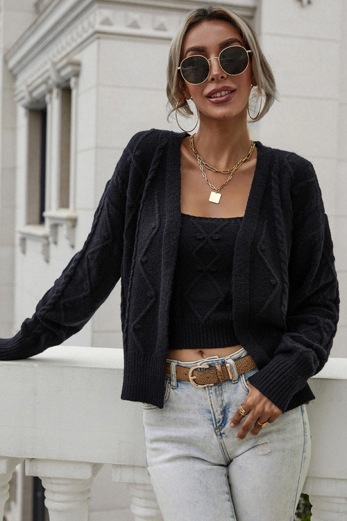 Winter New Solid Color Knitted Stretch Sling Vest With Cardigan Stylish Two-Piece Sweater - Vougese