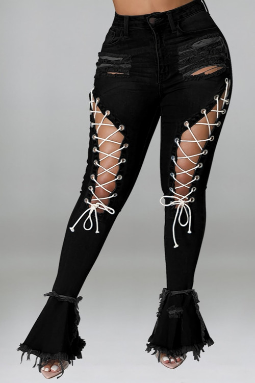 2Xl-5Xl Plus Size Summer New Solid Color Pockets Cutout Stylish Lace-Up Button Zip-Up Micro-Elastic Stretch Denim Flared Pants - Vougese