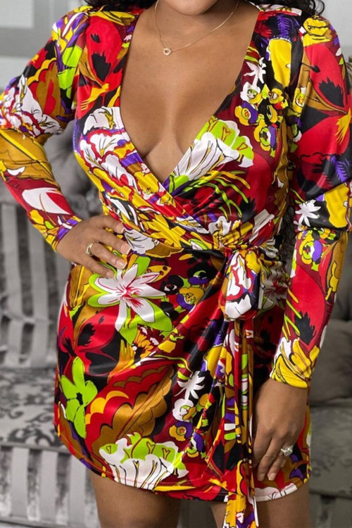 Autumn New Batch Printing Stretch Deep V Tie-Waist Tunic Sexy Mini Dress - Vougese