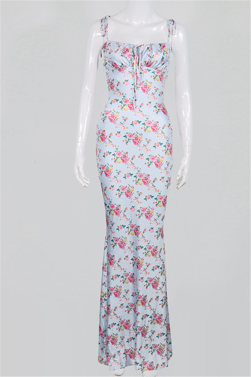 Autumn New Floral Print Stretch Sling Lace-Up Back Zip-Up Stylish Elegant Dress - Vougese