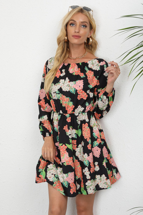 Autumn New Plus Size All Over Floral Printing Inelastic Lace-Up Back Stylish Casual Pastoral Style Mini Dress (Without Belt) 1# - Vougese