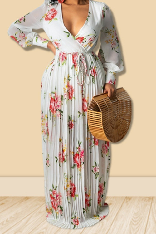 Autumn New Plus Size All-Over Floral Printing Inelastic V-Neck Tie-Waist Stylish Maxi Dress - Vougese