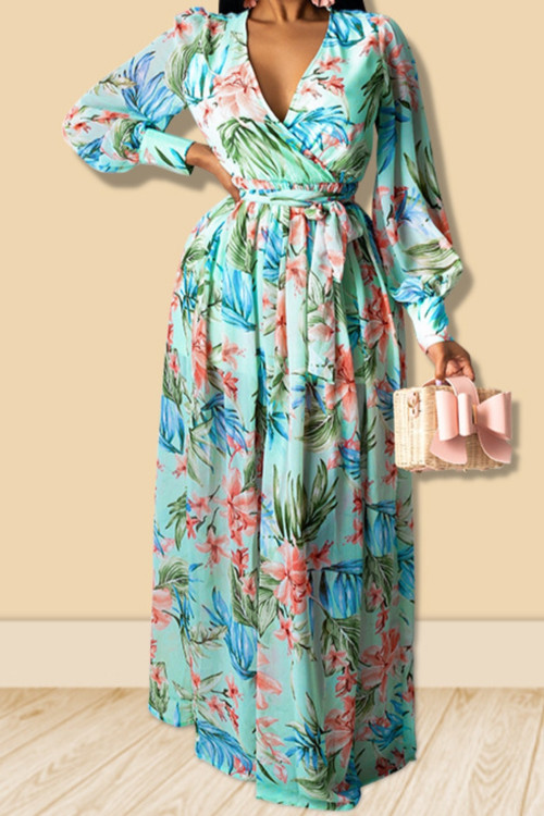Autumn New Plus Size All-Over Graphic Printing Inelastic V-Neck Stylish Maxi Dress With Belt - Vougese