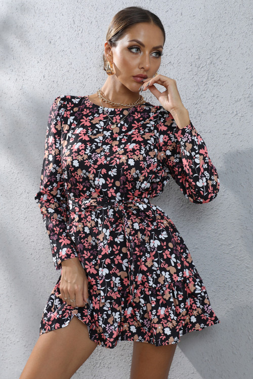 Autumn New Plus Size Floral Printing Inelastic Casual Minimalist Mini Dress With Belt - Vougese