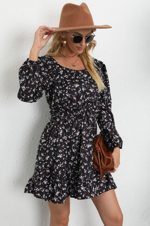 Autumn New Plus Size Three Colors Floral Printing Inelastic Ruffle Stylish Sweet Pastoral Style Mini Dress - Vougese