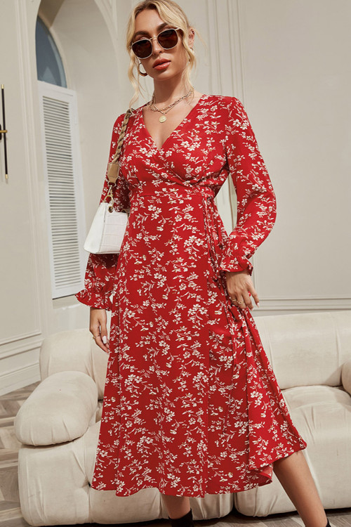 Autumn New Red Floral Printing Micro-Elastic V-Neck Tie-Waist Stylish Pastoral Style Midi Dress - Vougese