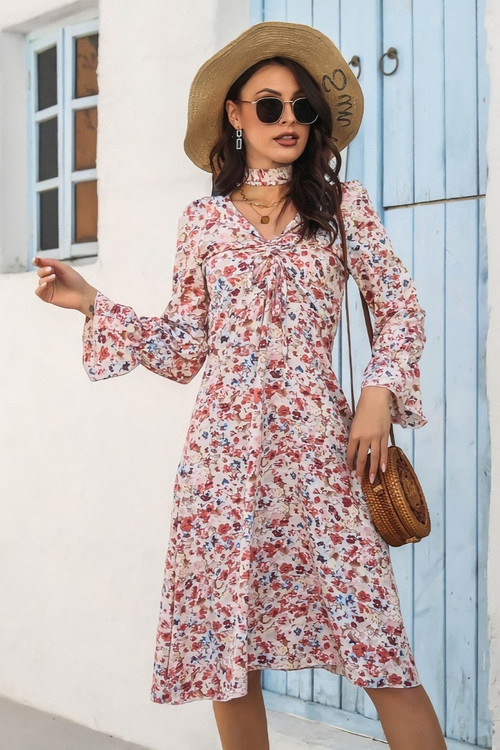 Autumn New Stylish Inelastic Batch Printing Lacing Shirring Flared Sleeves Casual Midi Dress - Vougese