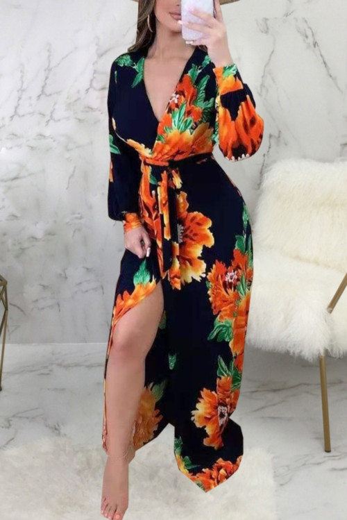 Autumn New Stylish Slit V-Neck Batch Printing Plus Size Micro-Elastic Maxi Casual Dress(With Belt) - Vougese