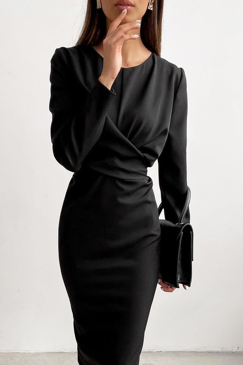 Autumn New Stylish Three Colors Crew Neck Kink Long Sleeve Zip-Up Stretch Slit Casual Midi Dress - Vougese
