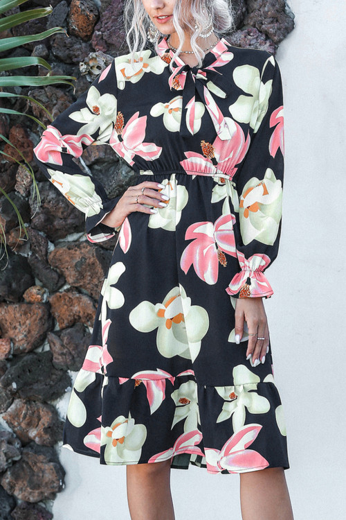 Autumn New Stylish Trumpet Sleeve Inelastic Batch Printing Casual Midi Dress - Vougese