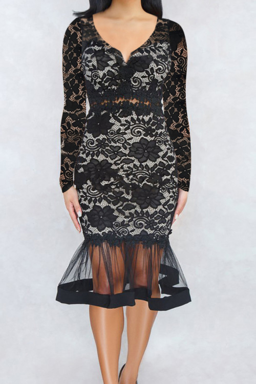 Autumn Plus Size Two Colors Lace And See Through Mesh Spliced Micro-Elastic Zip-Up Back Elegant Fishtail Midi Dress - Vougese