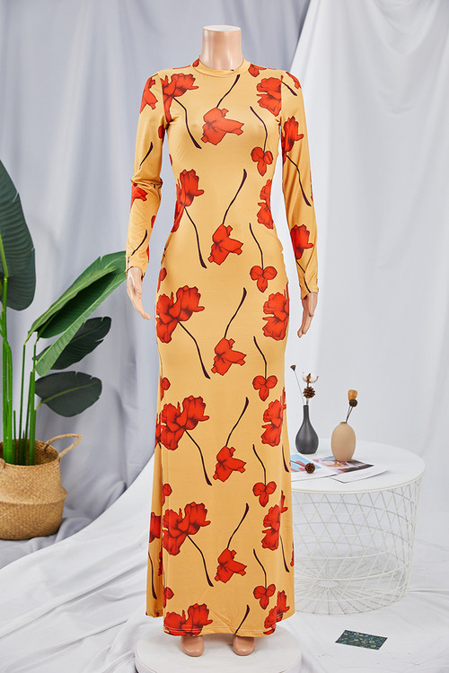Back Hollow Out Autumn Plus Size Flowers Batch Printing Round Neck Long Sleeve Slim Maxi Dress - Vougese