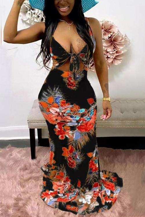 Custom Plus Size S-4Xl Four Colors Summer Batch Printing Bandage Deep V Sling Cut Out Sexy Maxi Dress - Vougese