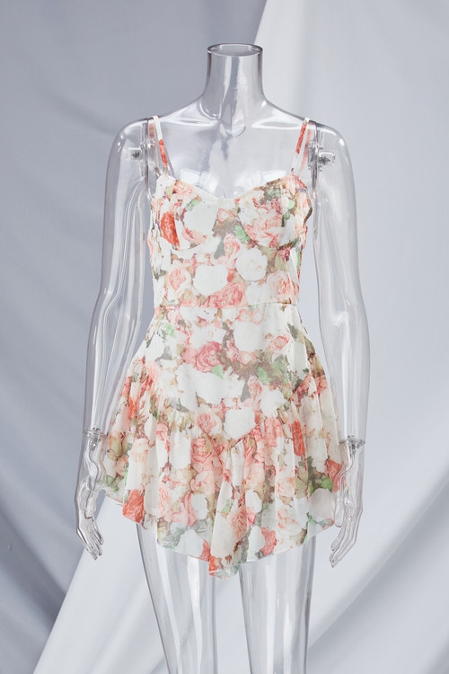 Custom Xs-L Summer New Floral Printing Inelastic Backless Adjustable Straps Ruffle Hem Panties Lining Spliced Sexy Mini Dress - Vougese
