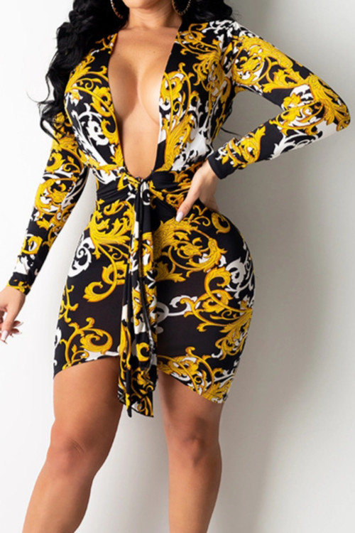 Digital Batch Printing Plus Size Autumn Deep V-Neck Stretch Tight Slim Mini Dress - Vougese
