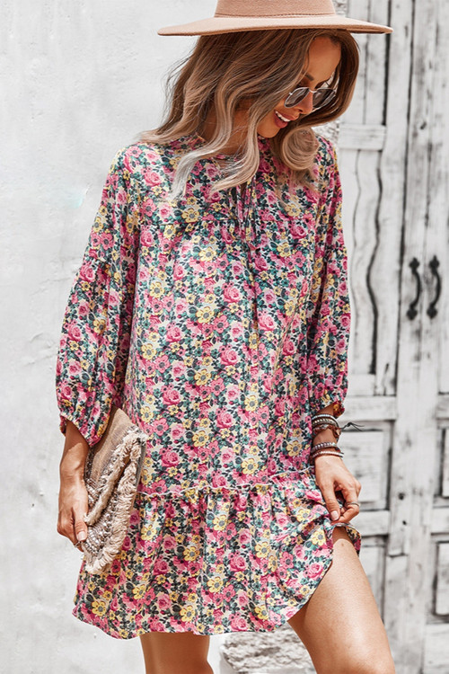 Early Autumn Long Sleeve Casual Batch Printing Inelastic Lace-Up Cutout Mini Dress - Vougese