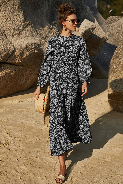 Fashion Retro Floral Batch Printing Long Sleeves Casual Dress - Vougese