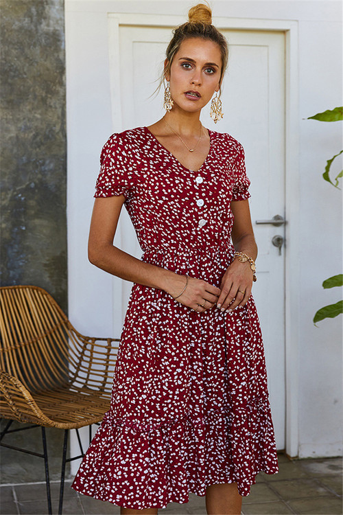 Floral Batch Printing Short-Sleeve Summer New Stylish Buttons Loose Dress - Vougese