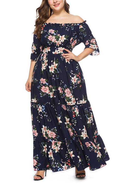L-4Xl Plus Size Floral Batch Printing Stretch Off-The-Shoulder Ruffle Swing Stylish Holiday Maxi Dress - Vougese