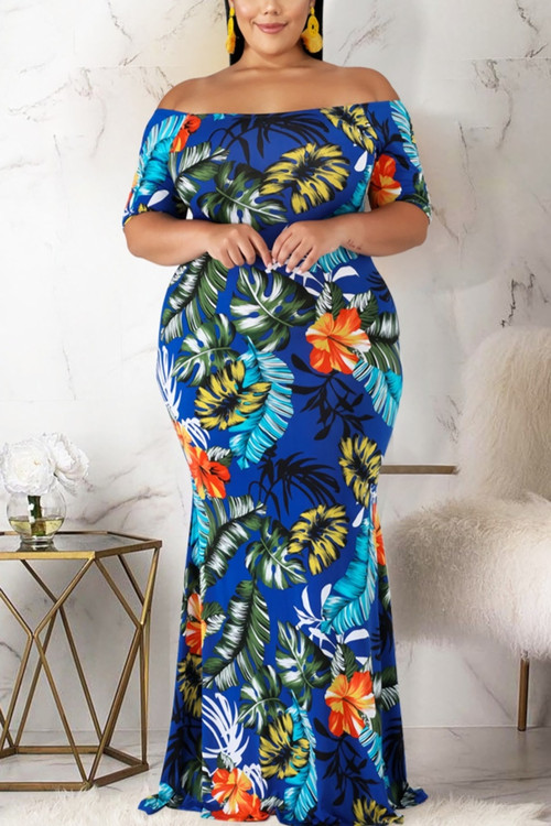 L-4Xl Plus Size Summer New Stylish Stretch Flower & Leaf Printing Off-The-Shoulder Casual Maxi Dress - Vougese