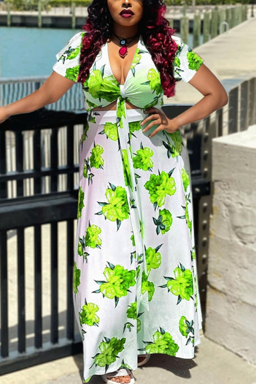 L-4Xl Summer New Flower Batch Printing Stretch V-Neck Hollow Tied Sexy Maxi Dress - Vougese
