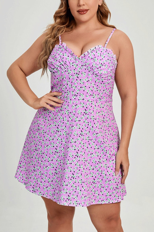 L-4Xl Summer New Plus Size 3 Colors Floral Batch Printing Inelastic Tatting Adjustable Straps Backless Zip-Up Stylish Mini Dress - Vougese