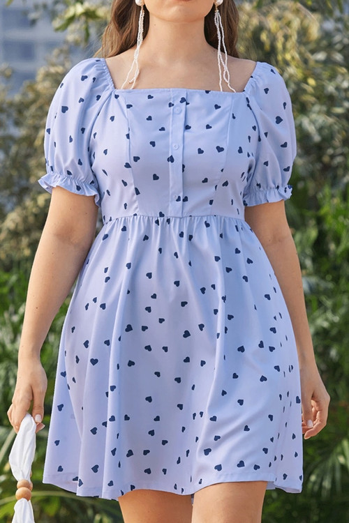 L-4Xl Summer New Plus Size Two Colors Heart Shaped Batch Printing Inelastic Tatting Square-Neck Zip-Up Casual Mini Dress - Vougese