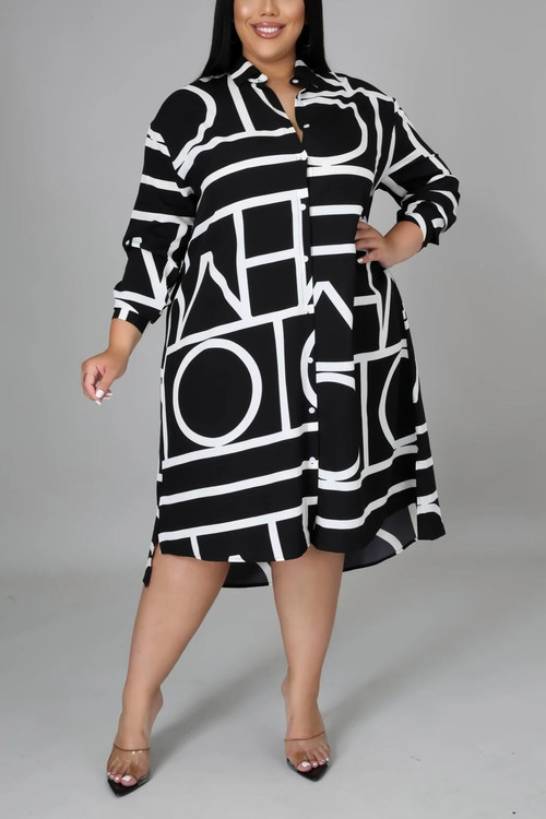 L-5Xl Plus Size Summer New Stylish Three Colors Batch Printing Lapel Button Inelastic Casual Midi Dress - Vougese