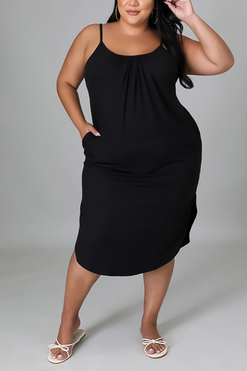 L-5Xl Summer New Plus Size 4 Colors Solid Color Stretch Backless Sling Pockets Casual Loose Midi Dress - Vougese
