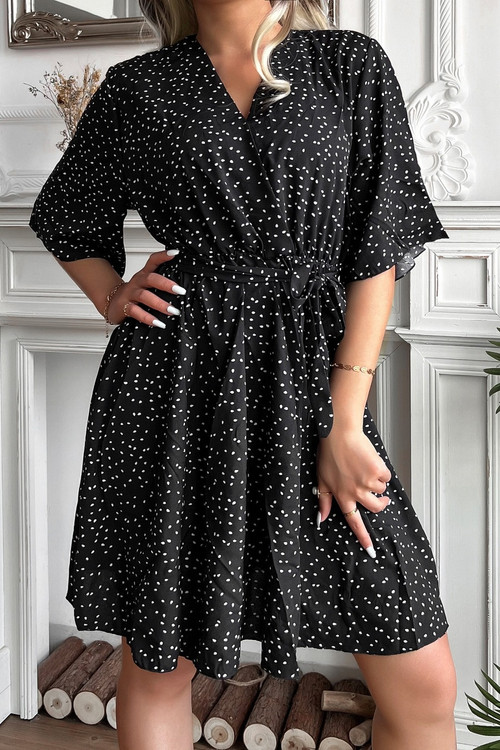 M-2Xl Plus Size Summer New 2 Colors Polka Dot Batch Printing Inelastic V Neck Waist-Tie Shirring Swing Stylish Casual Mini Dress(With Belt) - Vougese