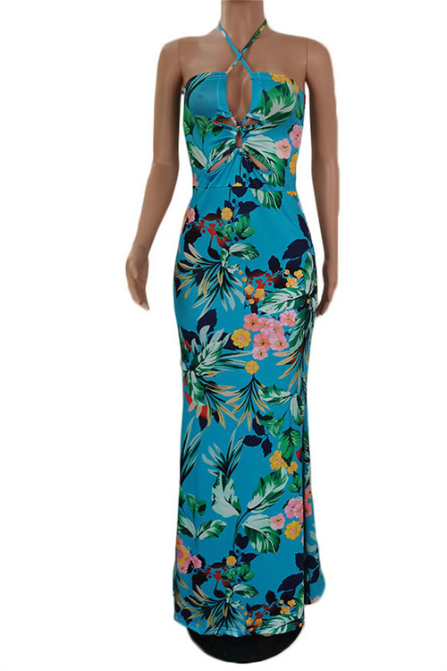 New Batch Printing Stretch Halter-Neck Hollow Sexy Fishtail Maxi Dress - Vougese