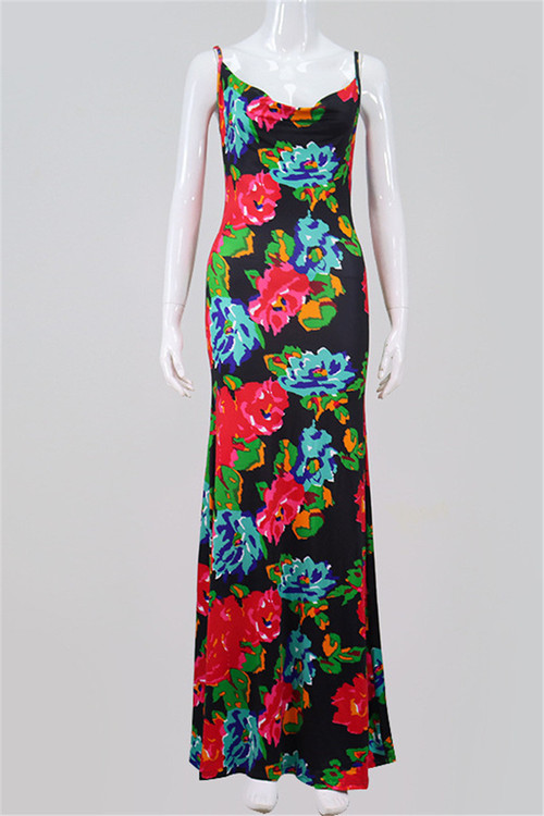 New Flowers Print Adjustable Straps Sexy Stylish Dress - Vougese