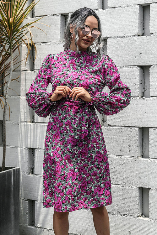 New Style 3 Colors Floral Batch Printing Lantern Sleeve Casual Dress (With Belt) - Vougese