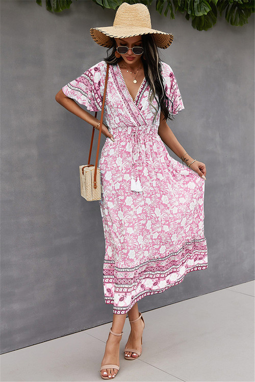 New Style 4 Colors Fashion V-Neck Flowers Batch Printing Laced Loose Dress - Vougese