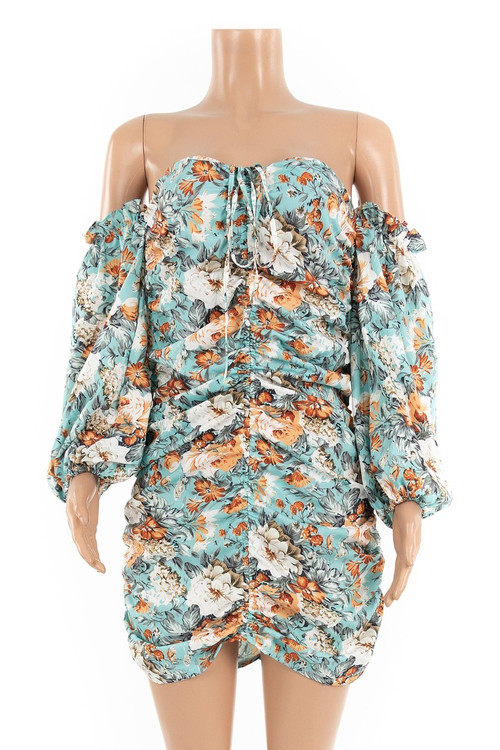 New Style Floral Batch Printing Off-Shoulder Fashion Pleated Lace Mini Dress - Vougese
