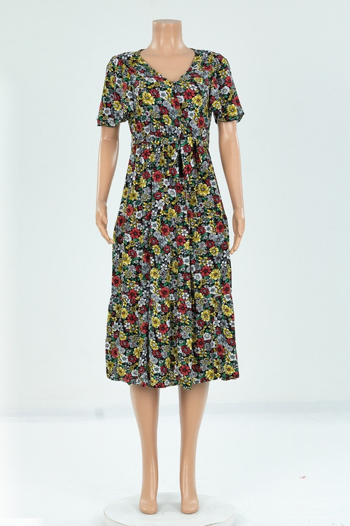 New Style Multicolor Flowers Batch Printing Elastic Waist Loose Dress (With Belt) - Vougese