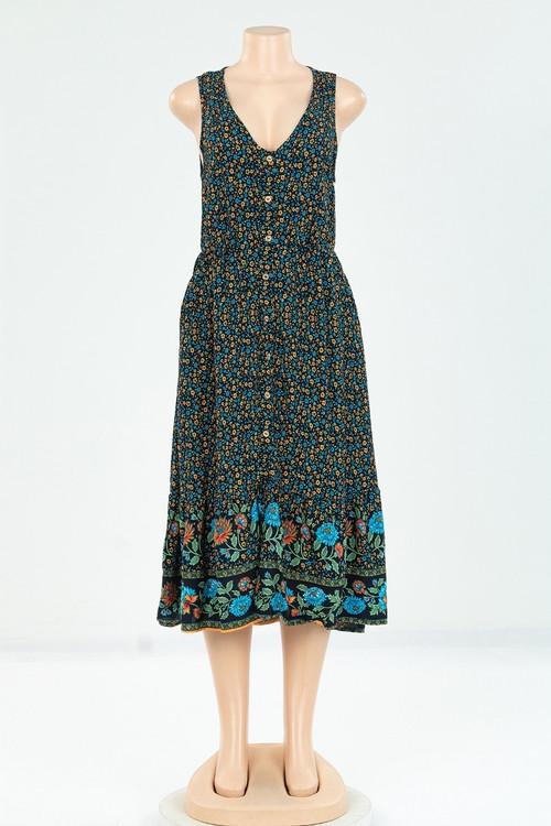 New Style Sleeveless Floral Batch Printing V-Neck Single Breasted Loose Midi Dress - Vougese