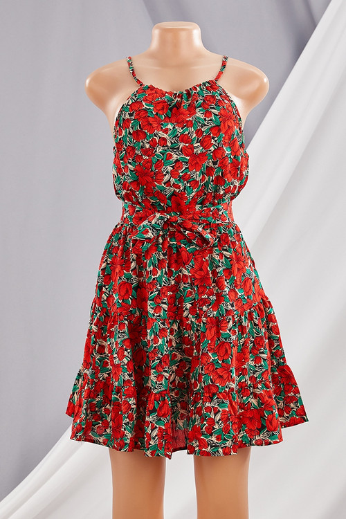 New Style Summer Flower Printing Sleeveless Bandage Mini Dress - Vougese