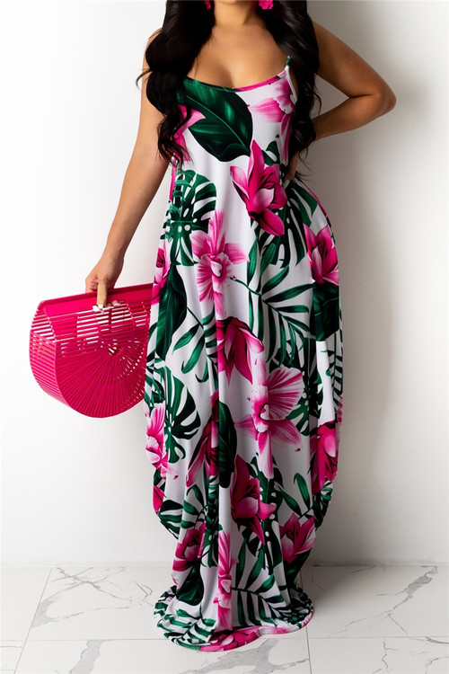New Style Summer Stretch Flowers Batch Printing Sling Loose Maxi Dress - Vougese