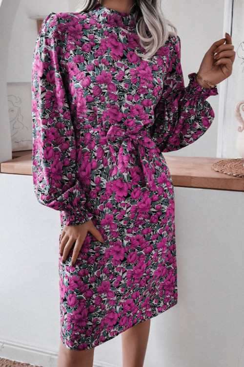New Stylish Autumn Floral Batch Printing Loose Chiffon Midi Dress (With Belt) - Vougese