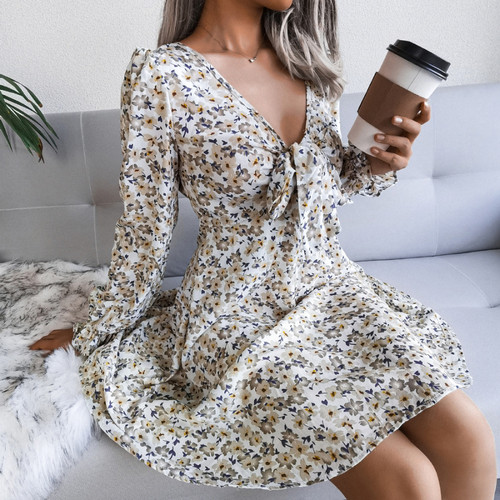 New Stylish Early Autumn Floral Batch Printing V-Neck Lace-Up Casual Chiffon Mini Dress - Vougese