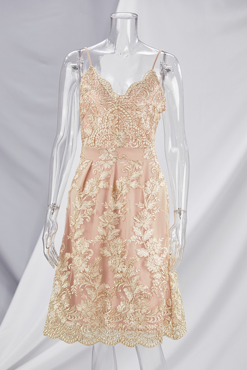 New Stylish Flower Embroidered Lace Sling V-Neck Elegant Mini Evening Dress - Vougese