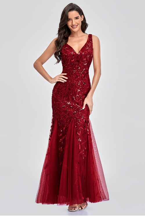 New Stylish Inelastic Zip-Up 5 Colors Plus Size Embroidered Sequin Sleeveless Mesh Patchwork Elegant Maxi Evening Dress(With Lining) - Vougese