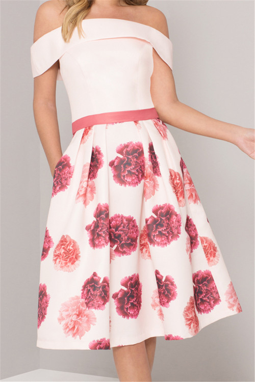New Stylish Solid Color Spliced Flower Batch Printing Off Shoulder Pocket Slim Dress - Vougese